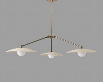 Modern Brass 3-Light Chandelier | Mid Century Pendant Light, Off White Shade Lamp