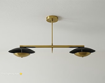 Brass 2 Light Linear Chandelier: Mid Century Modern Chandelier Dining Lighting Fixture