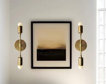 Modern Two-Light Vanity Sconce | Mid-Century Style Brass Wall Fixture |Minimalist Bathroom or Hallway Lighting
