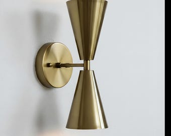 Double Cone Brass Wall Sconce, Mid-Century Modern Minimalist Brass Lighting (UL Listed)