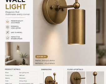 Solid Brass Antique Wall Sconce, Modern Cylinder Light Fixture E12/E14