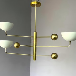 Raw Brass Sputnik Chandelier: Mid-Century Modern Light Fixture, White Shades