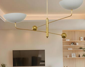 Mid Century Sputnik Chandelier: Raw Brass & White, Modern Light