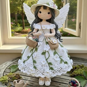 Puede incluir: Muñeca de hada de ganchillo hecha a mano con alas blancas, sombrero y vestido adornado con flores blancas y enredaderas verdes. La muñeca sostiene dos pequeñas cestas y lleva zapatos blancos. La muñeca mide aproximadamente 25 cm de altura.