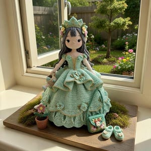 Könnte beinhalten: Handgefertigte Häkelpuppe in einem mintgrünen Kleid, Krone und Accessoires. Die Puppe hat lange graue Haare und hält einen kleinen Korb. Eine passende Handtasche und Schuhe befinden sich neben der Puppe. Die Puppe wird auf einem Holzbrett mit Moos und einer kleinen Topfblume ausgestellt.