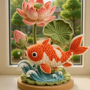 Könnte beinhalten: Gehäkelte Skulptur mit einem Koi-Fisch, der in blau-weißen Wellen schwimmt, mit einer rosa Lotusblume und einem grünen Seerosenblatt. Der Fisch ist orange und weiß, und die Skulptur steht auf einem Holzsockel. Die Skulptur ist etwa 20 cm hoch.