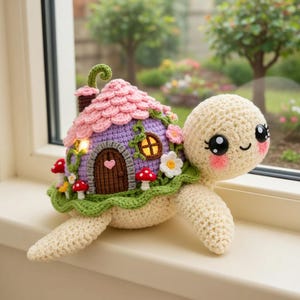 May include: A handmade crocheted turtle ornament. The turtle has a cream-coloured body and a shell designed as a fairy house, with a pink roof, purple walls, and a brown door. The house features a glowing window and is decorated with flowers and mushrooms.