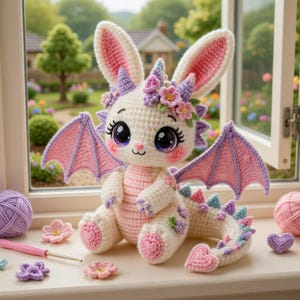 Könnte beinhalten: Eine handgefertigte Häkelpuppe, eine Drachen-Hasen-Hybrid in Weiß, Rosa und Lila. Das Kuscheltier hat große Augen, einen Blumenkranz und Flügel. Gehäkelte Blumen und Wollknäuel sind um die Puppe herum verstreut und schaffen eine skurrile Szene.