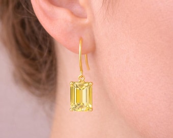 Emerald Cut Yellow Lemon Quartz Stud Earrings · 14k Lemon Quartz Earrings · Post Gold Earrings For Bridal · 18k Bridesmaid Earrings