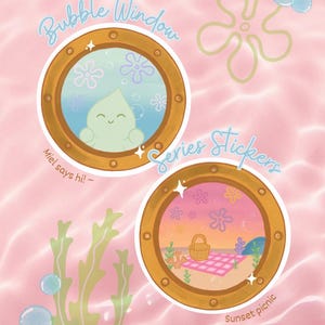 Op de afbeelding: Illustratie van twee ronde stickers met een nautisch thema. Eén sticker toont een lachend groen personage in een bubbelvenster, de andere een picknickscène. Tekst bevat "Bubble Window" en "Series Stickers."