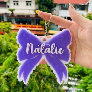 Personalized Acrylic Bow Keychain, Scalloped Bow Keychain, Girly Bag Tag, Lunch Box Tag Backpack Tags Kids Tag, 3D KeyChain Gifts