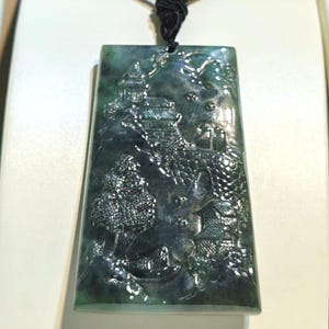Chinese Carved Landscape Black Jade Pendant, Chinese Scenery, Bridge Mountain River Tree, Natural Grade A Jade, Burmese Jade Necklace