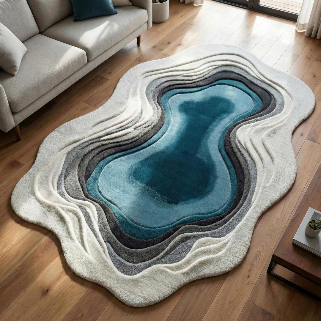 Blue Ridge Rug F76 Blue White Arctic Ridge Lake Wool Rug, Irregular Tufted Modern 3D ...