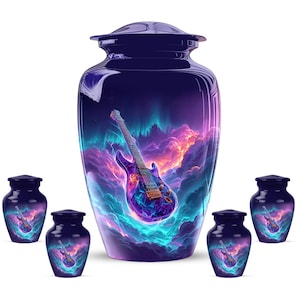 May include: A set of six navy blue urns. The large urn and five smaller urns feature a vibrant design of a purple electric guitar set against a backdrop of colorful clouds and aurora borealis.