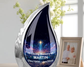 Custom Northern Lights Teardrop Cremation Urn, Galaxy Ocean Blue, Adult Ash