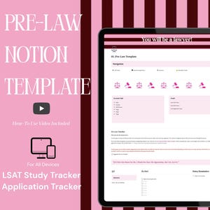 May include: A digital Notion template for pre-law students displayed on a tablet screen. The interface features a pink and dark red color scheme with sections for navigation, account info, goals, timelines, and a study tracker with law icons.
