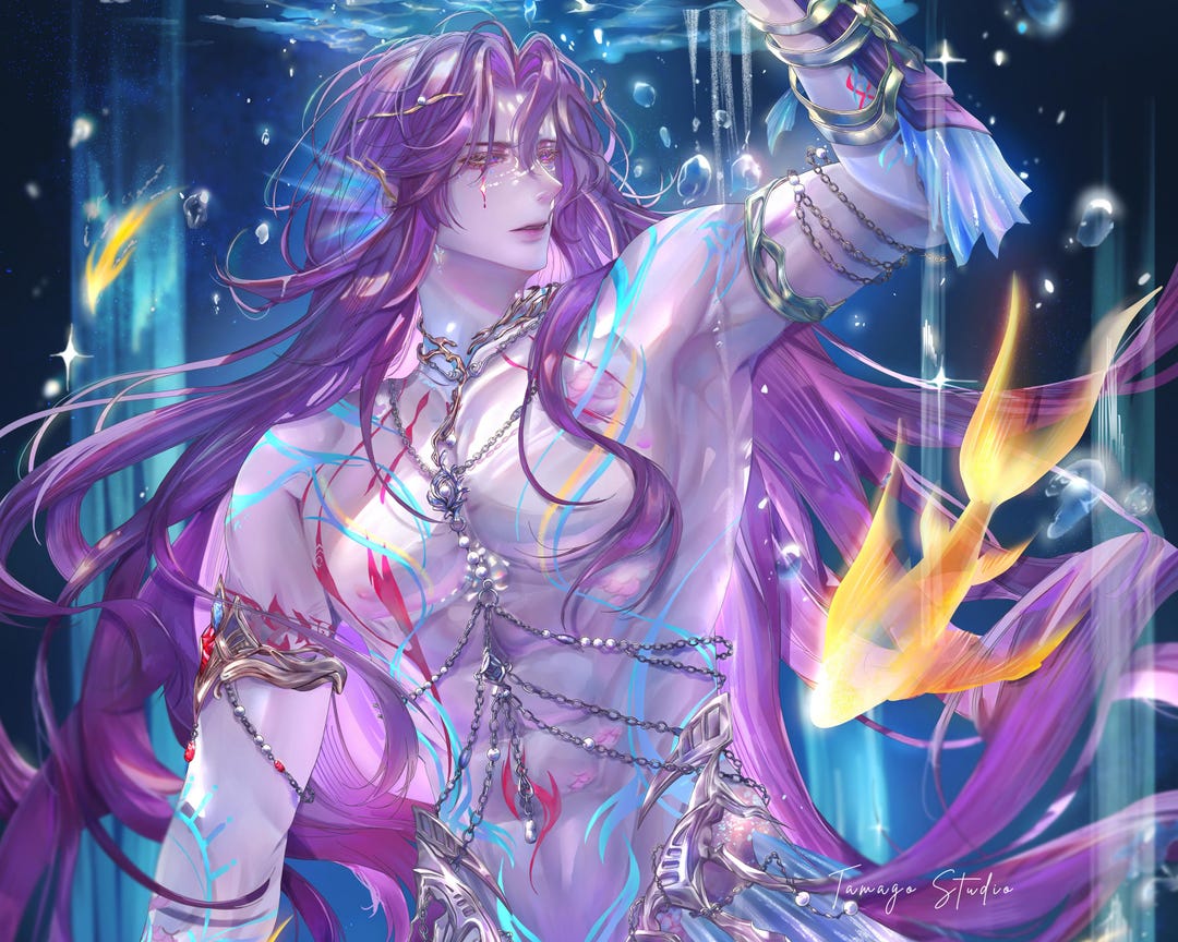 Sea God Anime Art Print | Ocean Deity Poster | Fantasy Male Character ...