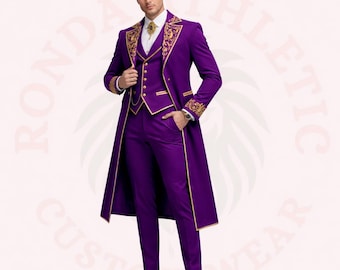 Royal Purple Men Suit, Luxury Groom Wedding Outfit, Designer Tailcoat Blazer, Gold Embroidery Formal Wear, Custom Prom Party Attire