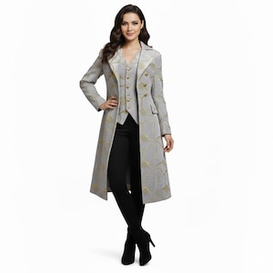 Samt Vintage inspirierter langer Taschenmantel, lange Jacke im Stil der 1920er Jahre, Damen formaler strukturierter Jackenmantel, Knöpfe Trenchcoat begabt