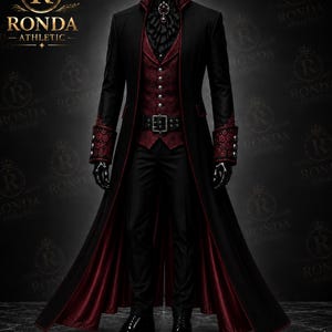 May include: A black long coat with a high collar and red patterned cuffs, worn over a dark red vest with silver buttons and a black ruffled cravat. The ensemble includes black trousers, a black belt with a silver buckle, and black shoes.