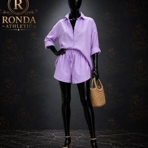 Conjunto de camisa y shorts de lino, conjunto de dos piezas de corte relajado para mujer, top abotonado, shorts con cordón ajustable, conjunto de lino de verano.