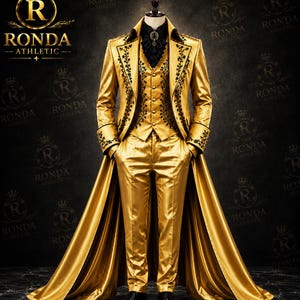 May include: A metallic gold suit featuring a long tailcoat with black floral embroidery on the lapels and cuffs, a matching vest with black embroidery and gold buttons, a black ruffled shirt, and gold trousers. The text RONDA ATHLETIC is visible.