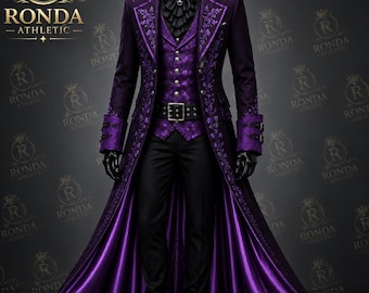 Fioletowy, gotycki, wiktoriański frak dla mężczyzn, kurtka w stylu księcia wampira, kostium arystokraty w stylu steampunk, haftowany płaszcz formalny, gotycki płaszcz ślubny