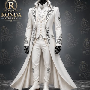 Luxury white groom wedding suit for men with royal embroidery, prince style designer coat, sherwani inspired formal outfit for wedding
