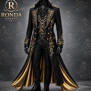 Mens Gothic Victorian Tailcoat Black Cotton Gold Embroidered Steampunk Jacket Aristocratic Military Hussar Long Coat Wedding Costume