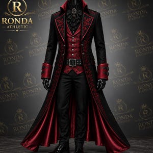 May include: A black and red long coat featuring intricate floral embroidery, paired with a matching red patterned vest, a black ruffled cravat with a central brooch, black trousers, and black dress shoes. The coat has a high collar and cuffs.