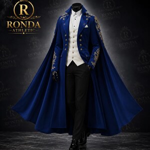 Royal bLUE velvet groom suit with cape Victorian gothic style