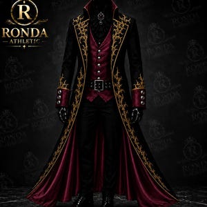 May include: A long black coat with gold embroidery, a deep red vest with silver buttons, and black trousers. The coat features a high collar, wide cuffs with silver buttons, and a deep red lining. The text RONDA ATHLETIC appears in the top left.