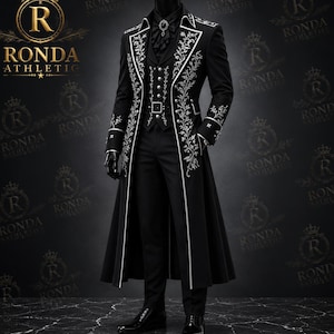 Black Victorian coat for men with silver embroidery, long gothic tailcoat front view, luxury formal wedding outfit