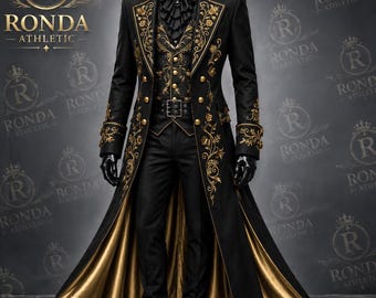 Mens Gothic Victorian Tailcoat Black Cotton Gold Embroidered Steampunk Jacket Aristocratic Military Hussar Long Coat Wedding Costume