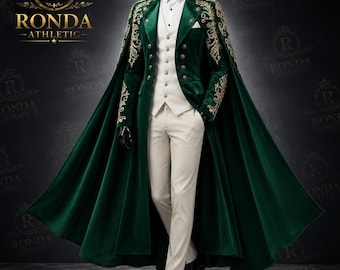 Royal Green Velvet Men’s Suit with Cape – Embroidered Gothic Wedding Tuxedo, Royal 3 Piece Groom Wear, Victorian Prom Outfit
