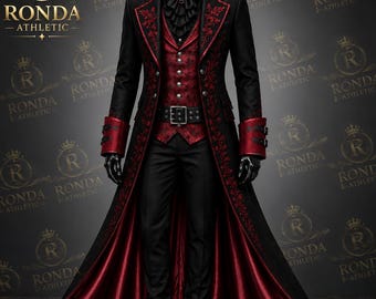 Męski gotycki frak wiktoriański, czerwona kurtka Vampire Prince, haftowany płaszcz steampunk, gotycki frak ślubny, formalny strój arystokraty