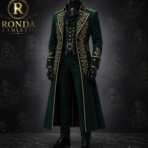 Emerald green velvet Victorian coat for men with gold embroidery, gothic tailcoat jacket for Renaissance and steampunk wedding outfit