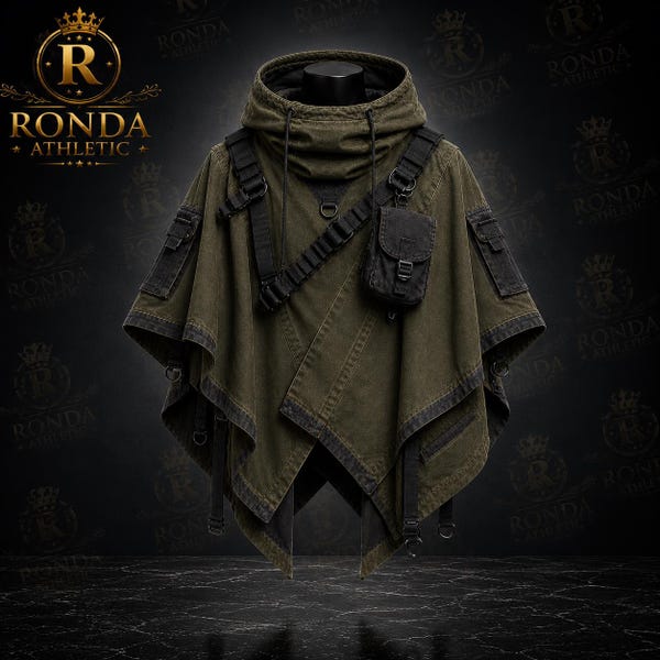 Olive Green Tactical Techwear Hooded Poncho for Men & Women, Cyberpunk Utility Cloak with Harness  Pouch, Post Apocalyptic Festival Cape