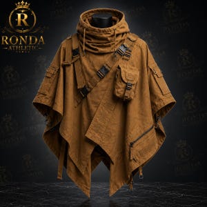 Herr Taktisk Techwear Poncho med Huva Utility Cape Canvas Cyberpunk Streetwear Överdimensionerad Multi Pocket Brun Kappa