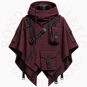 Puede incluir: Una chaqueta estilo poncho burdeos con capucha, múltiples bolsillos y correas negras. La chaqueta presenta un diseño único con cremalleras, hebillas y una pequeña bolsa. La prenda se exhibe en un maniquí.