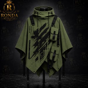 Poncho amarillo con capucha estilo cyberpunk, chaqueta tipo capa de estilo técnico táctico, abrigo utilitario futurista, prenda de abrigo gótica para festivales.