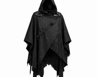 Poncho táctico de estilo urbano postapocalíptico, capa con capucha de lona negra, capa técnica, disfraz de cosplay para videojuegos, atuendo urbano oscuro.