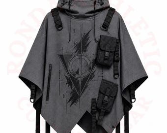 Cyberpunk Grey Hooded Poncho, Tactical Techwear Cape Jacket, Utility Strap Streetwear Coat, Futuristic Goth Outfit