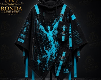 Cyberpunk Techwear-poncho, tactische Angel-capuchonmantel, futuristische Harajuku Streetwear-cape, Utility Techwear-jas, uniseks
