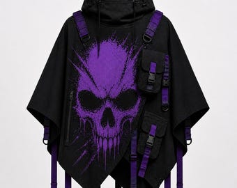 Czarna kurtka Techwear Poncho – taktyczna peleryna z kapturem, odzież uliczna w stylu cyberpunk, płaszcz z paskiem użytkowym i grafiką z fioletową czaszką