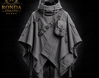 Poncho táctico gris con capucha Techwear, capa utilitaria para hombre, sudadera con capucha estilo streetwear cyberpunk, atuendo gótico para festivales.