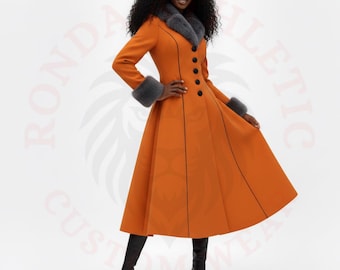 Manteau femme orange en laine avec revers à col en fourrure Manteau long et élégant à boutons