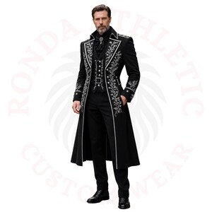Black Victorian coat for men with silver embroidery, long gothic tailcoat front view, luxury formal wedding outfit