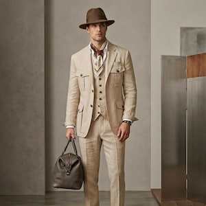 Beige safari suit for men with tailored jacket, waistcoat, trousers, brown fedora hat, and luxury formal styling.