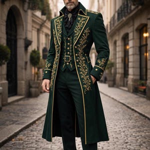 Emerald green velvet Victorian coat for men with gold embroidery, gothic tailcoat jacket for Renaissance and steampunk wedding outfit